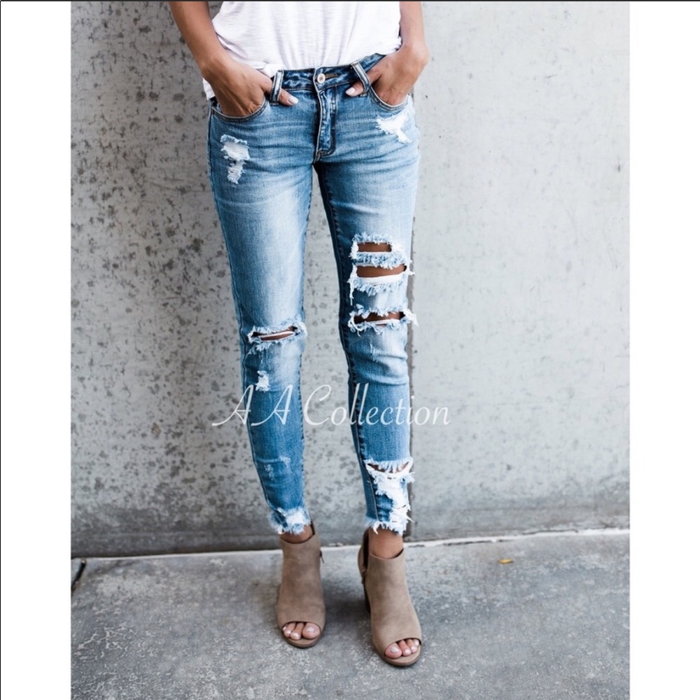 Distressed Jeans Denim Ripped Frayed Pants NEW - Picture 4 of 8